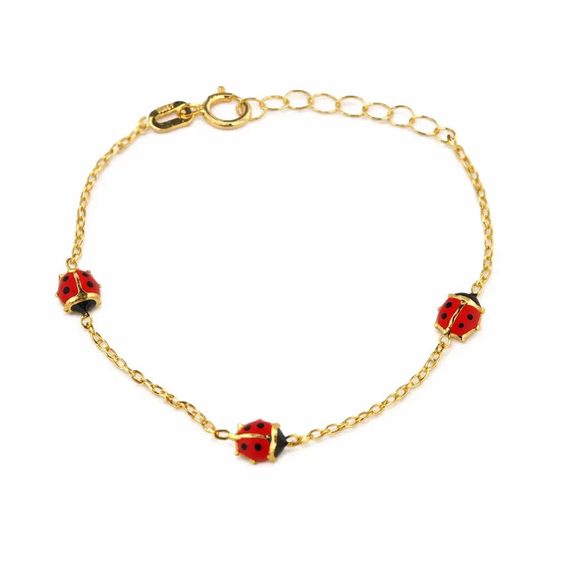 18K Yellow Gold Red Enamel Lady Bug Enamel Baby Bracelet