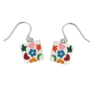 Sterling Silver Multicolor Enamel and Shapes Hook Earrings