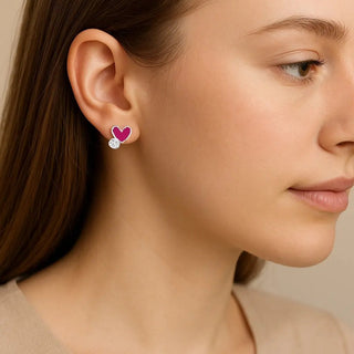 Sterling Silver Fuchsia Enamel Heart and Zirconia Earring