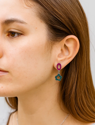 Sterling Silver Enamel Fuchsia Oval and Blue Flower Earrings