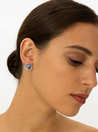 Sterling Silver Turquoise Fuchsia and Black Enamel Button Earrings