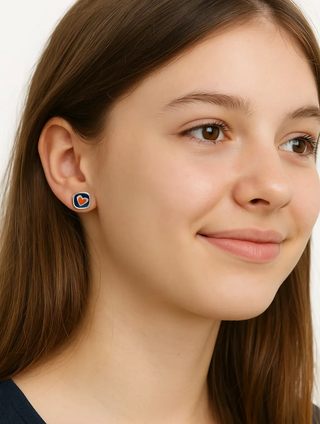 Sterling Silver Square Enamel Navy Blue and Yellow Heart Post Earrings