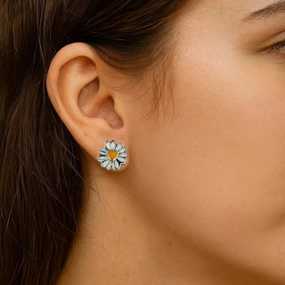 Sterling Silver White Enamel Daisy Flower Post Earrings