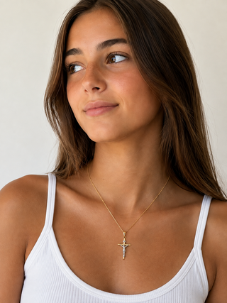 18K Solid Two-Tone Gold Half-Tube Polished Crucifix Pendant