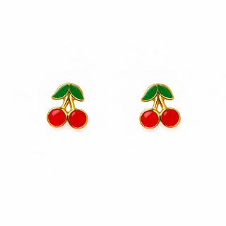 18K Solid Yellow Gold Flat Cherry Enamel Screwback Earrings