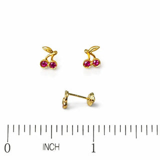 18K Solid Yellow Gold Red Zirconia Cherry Screwback Earrings