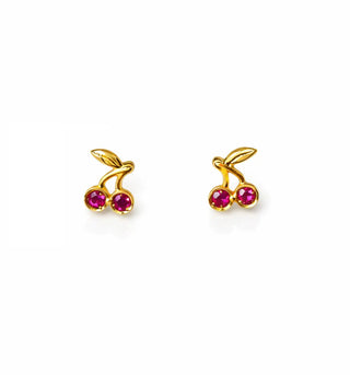 18K Solid Yellow Gold Red Zirconia Cherry Screwback Earrings
