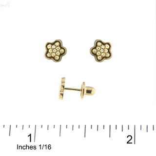 18K Solid Yellow Gold Zirconia Flower Screwback Earrings