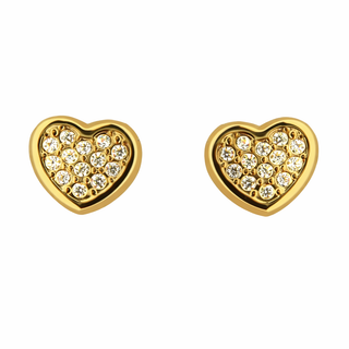 18K Solid Yellow Gold Zirconia Pave Heart Screwback Earrings