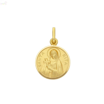18 Karat Massives Gelbgold Rundmedaille Heilige Rita von Cascia 15 mm