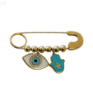 18K Yellow Gold Large Diamond Evil Eye and Hamsa Safety Pin