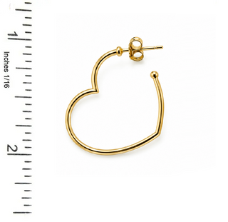 18K Solid Yellow Gold Polished Open Heart Thin Tube Post Earrings with a ruler