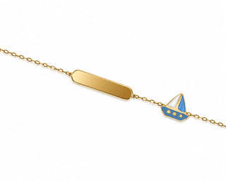 18K Solid Yellow Gold Light Blue Enamel Sailboat ID Bracelet