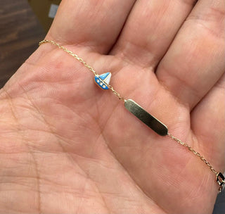 18K Solid Yellow Gold Light Blue Enamel Sailboat ID Bracelet