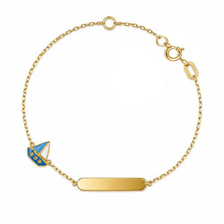 18K Solid Yellow Gold Light Blue Enamel Sailboat ID Bracelet