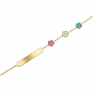 18K Solid Yellow Gold Enamel Enamel Flowers ID Bracelet