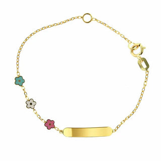 18K Solid Yellow Gold Pink White Green Flowers ID Bracelet