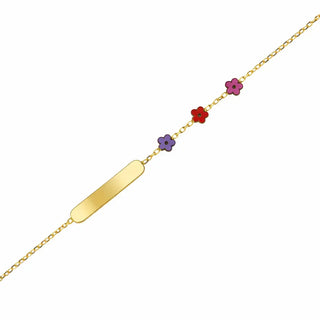 18K Yellow Gold Pink Red and Lilac Enamel Flowers ID Bracelet 