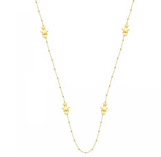 18K Solid Yellow Gold Polished Stars and Beads Long Necklace