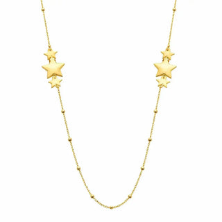 18K Solid Yellow Gold Polished Stars and Beads Long Necklace