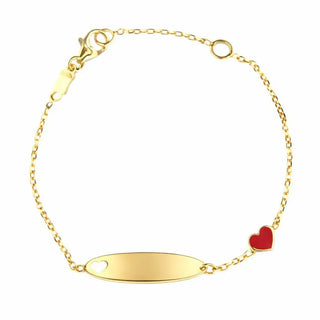 18K Yellow Gold Red Enamel Heart and Cut Out Heart ID Bracelet