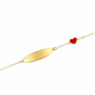 18K Yellow Gold Red Enamel Heart and Cut Out Heart ID Bracelet