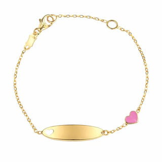 18K Gold Pink Enamel Heart and Cut Out Heart ID Bracelet