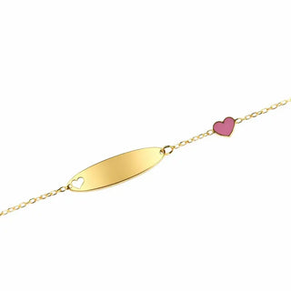 18K Gold Pink Enamel Heart and Cut Out Heart ID Bracelet