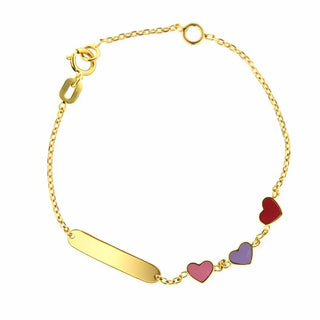 18K Gold Enamel Pink Fuchsia and Lavander Hearts ID Bracelet