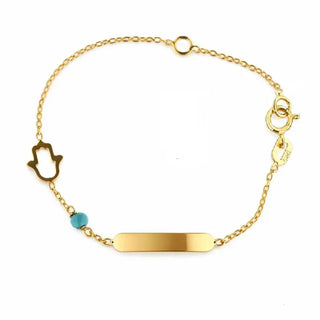 18K ソリッドイエローゴールド ハムサとターコイズビーズ ID ブレスレット