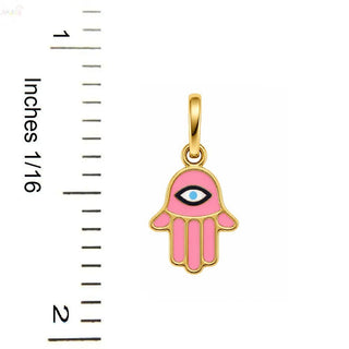 18K Solid Yellow Gold Pink Enamel Fatima Hamsa Pendant