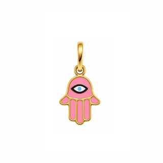 18K Solid Yellow Gold Pink Enamel Fatima Hamsa Pendant