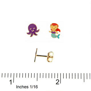 18K Solid Yellow Gold Enamel Mermaid and Octopus Post Earrings
