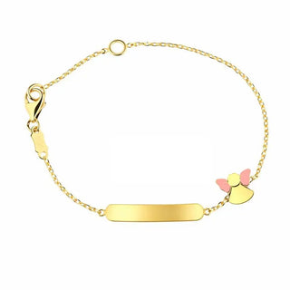 18K Solid Yellow Gold Pink Enamel Angel ID Bracelet