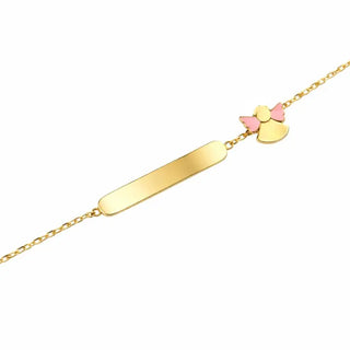 18K Solid Yellow Gold Pink Enamel Angel ID Bracelet