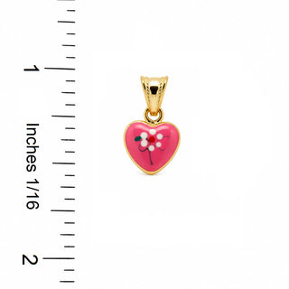 18K Solid Yellow Gold Pink Enamel Puffy Heart Pendant