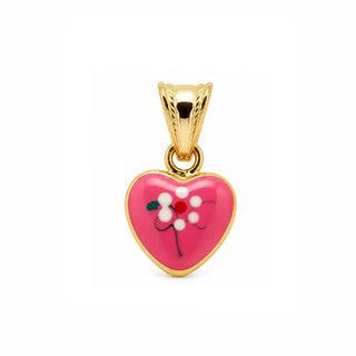 18K Solid Yellow Gold Pink Enamel Puffy Heart Pendant