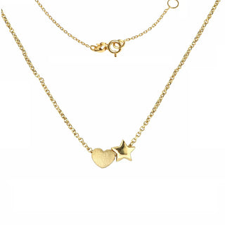 18K Solid Yellow Gold Satin Heart and Polished Star Necklace