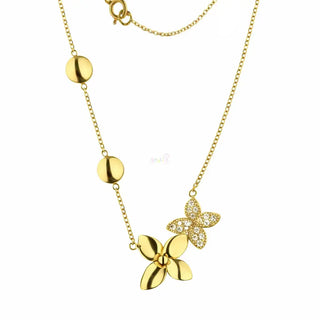 18K Solid Yellow Gold Modern Flower and Butterfly Necklace