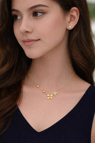 18K Solid Yellow Gold Modern Flower and Butterfly Necklace