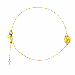 18K Solid Gold Miraculous Medal and Zirconia Cross Bracelet