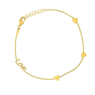 18K Solid Yellow Gold Love and Polished Hearts Bracelet