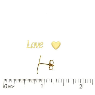 18K Solid Yellow Gold Love and Heart Post Earrings