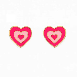 18K Yellow Gold Pink and Fuchsia  Enamel Heart Post Earrings