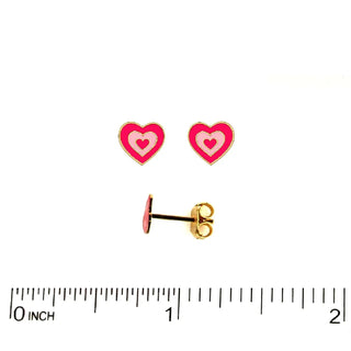 18K Yellow Gold Pink and Fuchsia  Enamel Heart Post Earrings