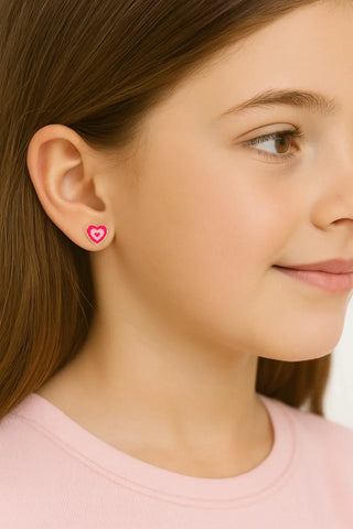18K Yellow Gold Pink and Fuchsia  Enamel Heart Post Earrings