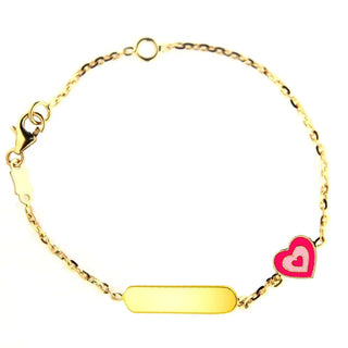 18K Solid Yellow Gold Pink and Fuchsia Heart ID Bracelet