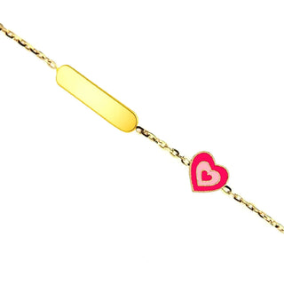 18K Solid Yellow Gold Pink and Fuchsia Heart ID Bracelet