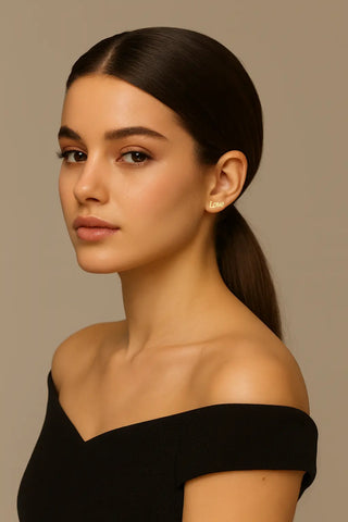 18K Solid Yellow Gold Love and Heart Post Earrings