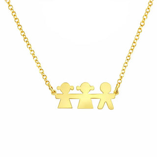 18K Solid Yellow Gold Two Girls and a Boy Pendant Necklace
